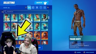 Mum & Her 7 Year Old Kid Count ALL His Fortnite Skins in His Locker including RARE Skin TRAVIS SCOTT