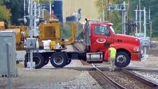 Truck Breaks Railroad Crossing Gate Then Train Almost Hits It! Then The Gate Doesn't Want To Stay Up