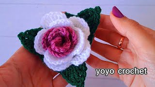 كروشية وردة بلونين ! ياجمالوووو !! مع ورق الشجر // فى خطوة واحدة فقط - Wow !! beautiful crochet rose