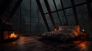 🌧️Cozy Attic Bedroom Ambience w/  crackling fireplace out cold storm forest for rest and sleep