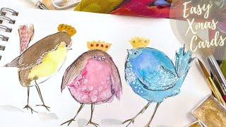 Cute Birds with Crowns Christmas Cards in Kuretake Watercolors - for beginners and more