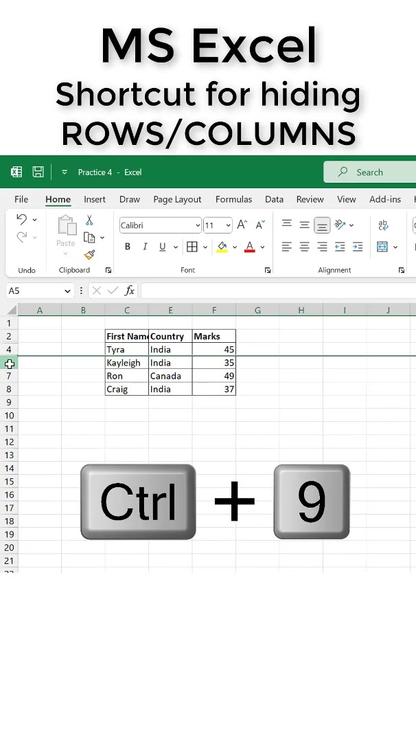 MS Excel Скрыть и показать строки и столбцы Ярлык для скрытия строк и столбцов в MS Excel