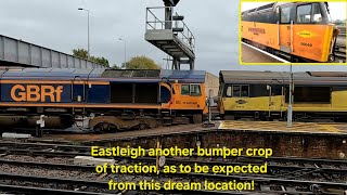 Eastleigh Station with non-stop action. Freight, passenger, departmental, and light engine movements