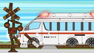 踏切アニメ 救急車の電車が錆びて老朽化した踏切を直す　Repairing a rusted and dilapidated railroad crossing in an ambulance trai