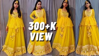 Party wear gown cutting and stitching || long gown frock with shrug || haldi ceremony gown design