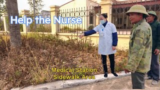 Help the NURSE clean and cut the grass on the sidewalk in front of the small HOSPITAL gate.PART 1