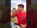 eat spicy pork belly in the beautiful grassland scenery camping cooking village