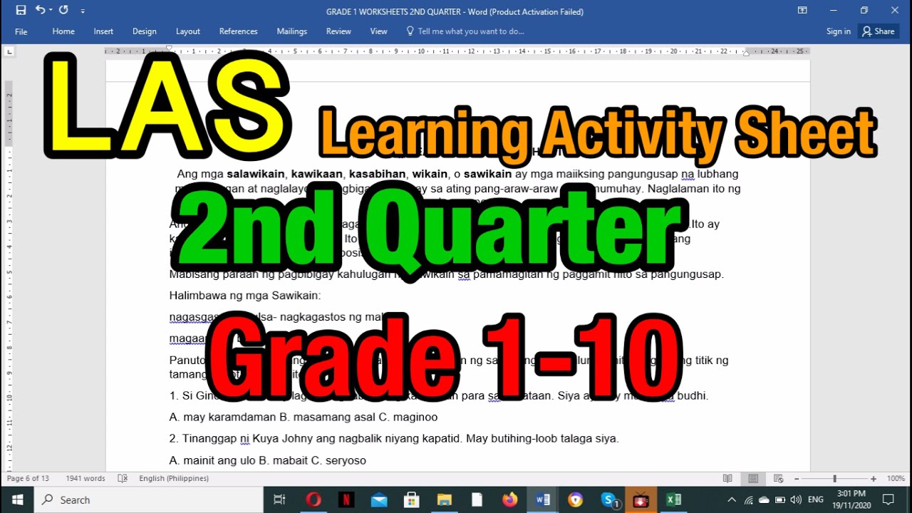 Grade 1 10 Second Quarter Las Learning Activity Sheet Filipino