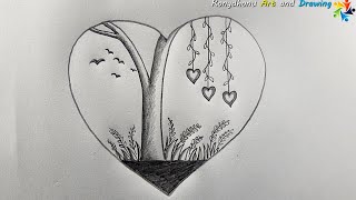 Love Scenery Drawing in Love Heart | Cute drawing From Love Heart