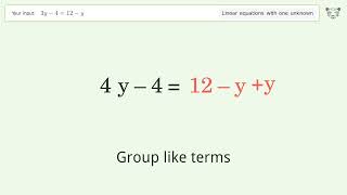 Linear equation with one unknown: Solve 3y-4=12-y step-by-step solution