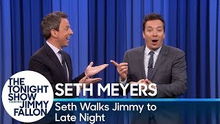 Seth Meyers Walks Jimmy Fallon to Late Night's Set for an Interview After Tonight Show