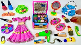 DIY How To Make Polymer Clay Miniature Makeup Set with Pink dress, Shoes, Eyeshadow, Bag |Makeup Kit