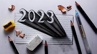 How to Draw 2023 Numbers 3D Trick Art on Line Paper