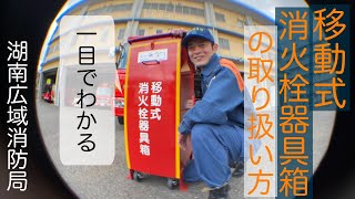 一目でわかる！移動式消火栓器具箱の取り扱い方