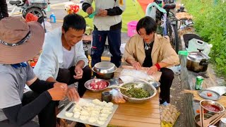 Cycling and backpacking, grilling pork skin and making dumplings at the campsite!