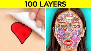 100 LAYERS CHALLENGE! Best 100+ Coats of Makeup, Hairspray, Duct Tape, Tattoos b