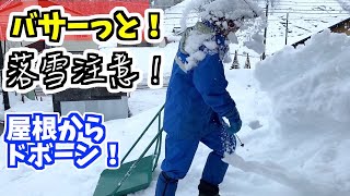 2022-12-29 屋根の雪下ろし　久しぶりにクマ武（スノーダンプ）使用。屋根から川にドボンもあるが上からの落雪には注意しなくちゃダメ。