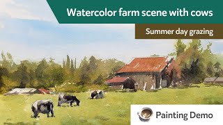 Watercolor farm scene with cows - Summer day grazing