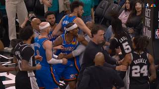 Stephon Castle and Devin Vassell heated with Caruso and Ajay Mitchell for hard fouls