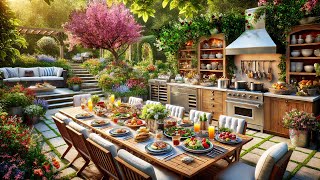 Warm Hearth Kitchen | Spring Day Ambience with Crackling Fire \u0026 Feast on the Table 🥩