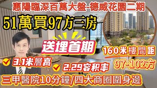 首期送埋！價單5300！【惠陽臨深百萬大盤-德威花園二期】160米樓間距 三甲醫院10分鐘/四大商圈圍身邊/2公里內2大濕街市！51萬買97方三房  | 2.29容积率 3.1米層高#惠州樓盤 #養老