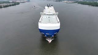 Aerial View of Car Carrier Ship Ship Arc Commitment  Leaving Port of Philadelphia