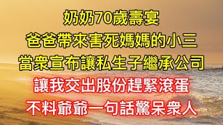 奶奶70歲壽宴，爸爸帶來害死媽媽的小三，當衆宣布讓私生子繼承公司，讓我交出股份趕緊滾蛋，不料爺爺一句話驚呆衆人