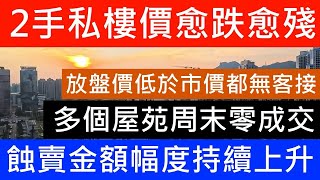 私樓價愈跌愈殘 二手樓價走勢反覆向下 減完息連睇樓都無埋 12月首周末 多個屋苑成交清零 成交繼續由業主減價推動 12月首七天 蝕讓數再創新高 蝕賣成交 蝕讓金額比一年前增加3成 越蝕越多 重創樓市及