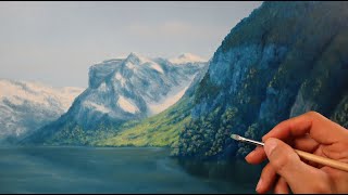 Painting a lake landscape with mountains