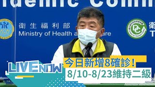 今日新增8確診！4本土案例.4境外移入 個案分布為臺北市2例 新北市及高雄市各1例 8/10-8/23維持二級警戒 說明各行業別管制作為| 【直播回放】20210809 | 三立iNEWS