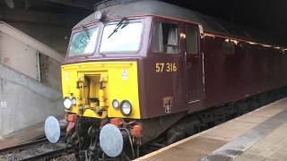 Class 57 57316 and 57314 departs Manchester Victoria with the northern belle