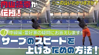 内山靖崇が一般のテニスプレーヤーに一番聞かれるサーブに対する質問「スピード上げたいんですけど？」に中級編でお答えします！【うっちー教室 中級・サーブ編part1】