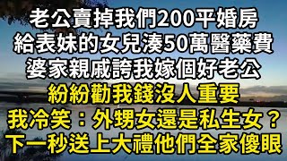 老公賣掉我們200平婚房，給表妹的女兒湊50萬醫藥費，婆家親戚誇我嫁個好老公，紛紛勸我錢沒人重要，我冷笑：外甥女還是私生女？下一秒送上大禮他們全家嚇傻眼