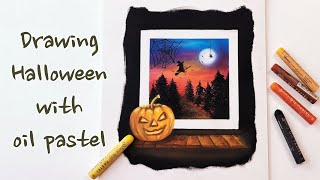 오일파스텔 초보 할로윈 풍경 그림 그리기, Drawing Halloween oil pastels for beginners