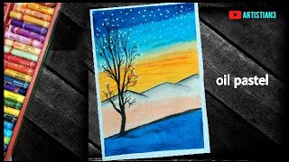 Scenery drawing step by step with oil pastel for beginners