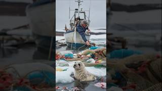 Harp seal cub stuck in an ice hole with ocean garbage