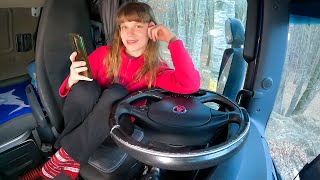 Alone female truck driver's morning camping routine