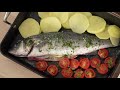 oven baked sea bass with herbed potatoes and tomatoes