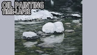 [油絵タイムラプス] 3時間40分で描くリアルな冬の川の風景のメイキング | Oil Painting Time Lapse