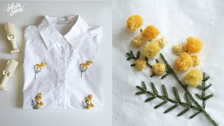 Mimosa flowers on my old shirts, Hand embroidery