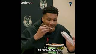 Giannis REALLY brought a bucket of wings to the postgame presser 🍗🤣 | #shorts