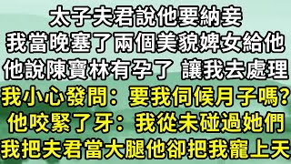 太子夫君說他要納妾，我當晚往他房裏塞了兩個美貌婢女，他又說陳寶林有孕了，讓我去處理下。我小心翼翼發問：是要我伺候月子嗎？他咬緊了牙：從未碰過她們。我把夫君當大腿他卻把我寵上天！