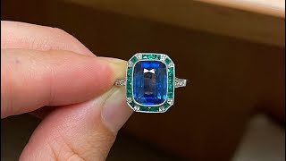 4.07ct Modified Cushion cut Blue Sapphire Art Deco Inspired Handmade Platinum Ring