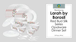 MyUnboxing | Larah by Borosil Red Bud Silk Series Opalware Dinner Set, 35 Pieces, White