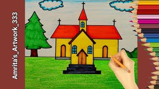 Church Drawing | How to Draw a Church | Church Drawing easy steps