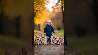 Watch this adorable 5-year-old boy walking with four fluffy welsh corgis!