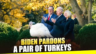 U.S. President Joe Biden pardons a pair of turkeys, "Peach" and "Blossom," ahead of Thanksgiving