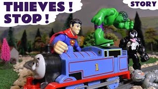 Thomas The Train helps Avengers Hulk and Superman vs Venom and Ultron | DC Ooshie theft