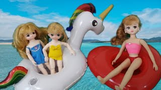 リカちゃん❤ふうせん水着❤DIY★浮き輪でプール遊び★ミキ　マキ　Barbie swimsuit balloon swim★ pool★おうち英語★ユニコーン★Japanese 人形劇★미미 인형工作