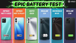 Moto E32s vs Realme C31, C30, Micromax IN 2C, Infinix Hot 12 Play Battery Drain Test | Charging Test